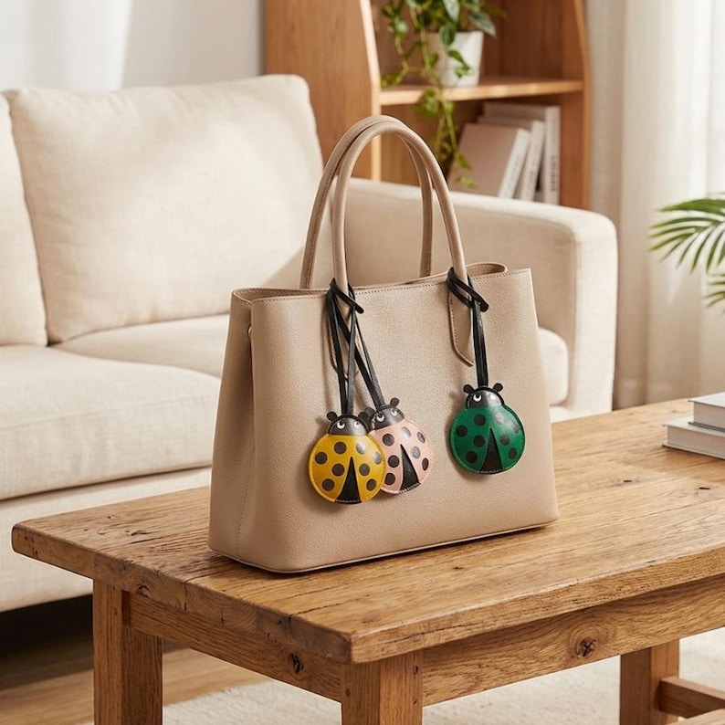 May include: A beige leather tote bag with a structured design. The bag features two handles and is adorned with three ladybug charms in yellow, pink, and green. The ladybugs have black spots and are attached with black straps.