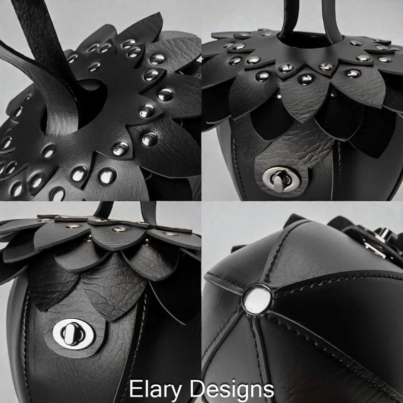 May include: A black leather handbag with a unique design. The bag features petal-like accents around the top and is adorned with silver-toned rivets and a clasp closure. The text "Elary Designs" is visible at the bottom.