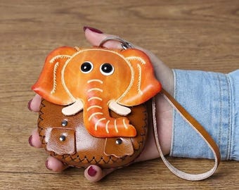 Leather Coin Purse, Elephant Purse, Genuine Leather, Leather Pouch, Leather Card Holder, Zipper Pouch, Small Wallet, Gift For Her, Unique