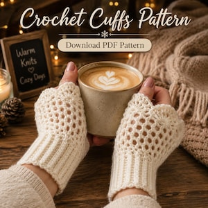 Könnte beinhalten: Cremefarbene Häkelstulpen mit offenem Design, gehalten von Händen, mit einer Tasse Kaffee. Das Bild enthält den Text "Crochet Cuffs Pattern" und "Download PDF Pattern."