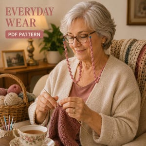 May include: A dusty rose crocheted eyeglass chain featuring a spiral texture and small blue accent beads. The chain is attached to a pair of glasses. Text in the image reads EVERYDAY WEAR PDF PATTERN.