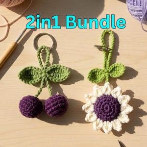 Crochet Sunflower keychain Pattern| sunflower cherry  Keychain Pattern  | 2-in-1 Amigurumi Keyring Pattern | Crochet Fruit & Flower Keychain