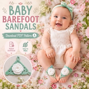 Könnte beinhalten: Eine digitale PDF-Anleitung für Baby-Barfußsandalen mit einem Häkeldesign, das eine weiße Blume in der Mitte und einen hellgrünen Rand aufweist. Die Anleitung enthält Anweisungen zur Herstellung dieser dekorativen Fußaccessoires.