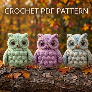 Könnte beinhalten: Drei gehäkelte Eulenfiguren in Grün, Lila und Blau sitzen auf einem Ast. Die Eulen haben große, runde Augen und strukturierte Körper. Der Text "CROCHET PDF PATTERN" befindet sich oben im Bild.