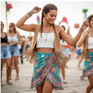Könnte beinhalten: Eine Frau trägt ein weißes gehäkeltes Crop-Top, eine braune Wildlederweste mit Fransen und einen türkisfarbenen Wickelrock mit Blumenmuster. Sie trägt Armbänder und Halsketten. Andere Frauen sind im Hintergrund.