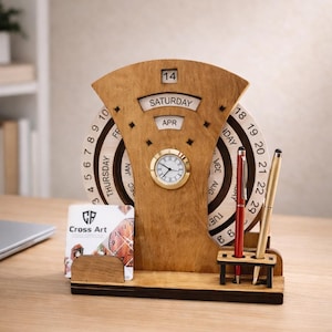 Houten eeuwigdurende kalender met klok | Executive bureau-organizer