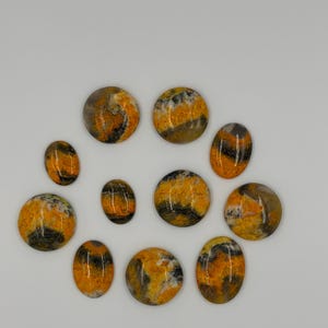 May include: A selection of polished gemstone cabochons in various shapes, including round and oval. The stones display a striking pattern of yellow, orange, and black, with a glossy finish. The arrangement is set against a plain white background.