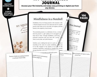 Könnte beinhalten: Ein digitaler Achtsamkeits-Journal, betitelt "MY MINDFULNESS JOURNAL", zum sofortigen Download. Das Journal enthält Schreibanregungen und hat 106 Seiten. Das Bild zeigt einen Stift und ein florales Design.
