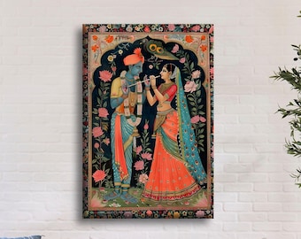Radha Krishna Canvas Art, Indian Mythology Painting, Hindu God Poster, Divine Love Print