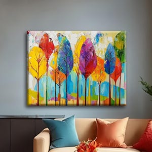 Colorful Tree Canvas Wall Art, Abstract Forest Oil Painting Print, Expressionist Landscape Decor