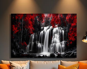 Red Autumn Waterfall Canvas Wall Art, Red Tree Forest Print, Zen Nature Decor