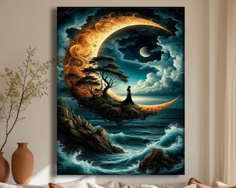 天空の月キャンバスウォールアート、シュールな夜の海の風景画、神秘的で夢のような壁装飾