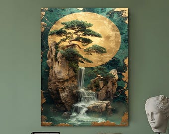 Arte en lienzo de cascada de árbol bonsái zen, pintura de paisaje japonés de luna dorada, paisaje mágico