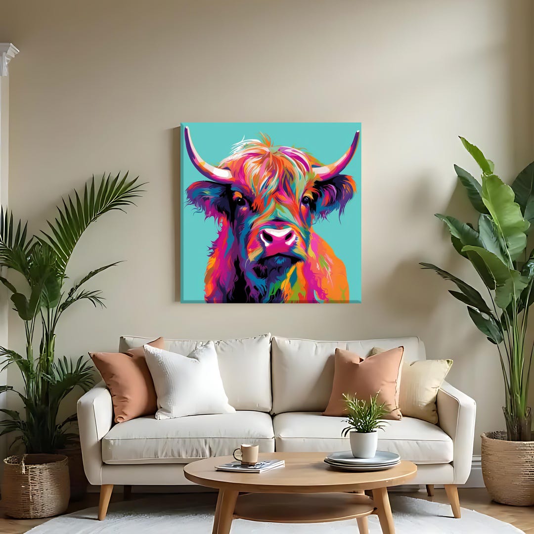 Colorful Highland Cow Canvas Art, Modern Pop Art Animal Painting ...