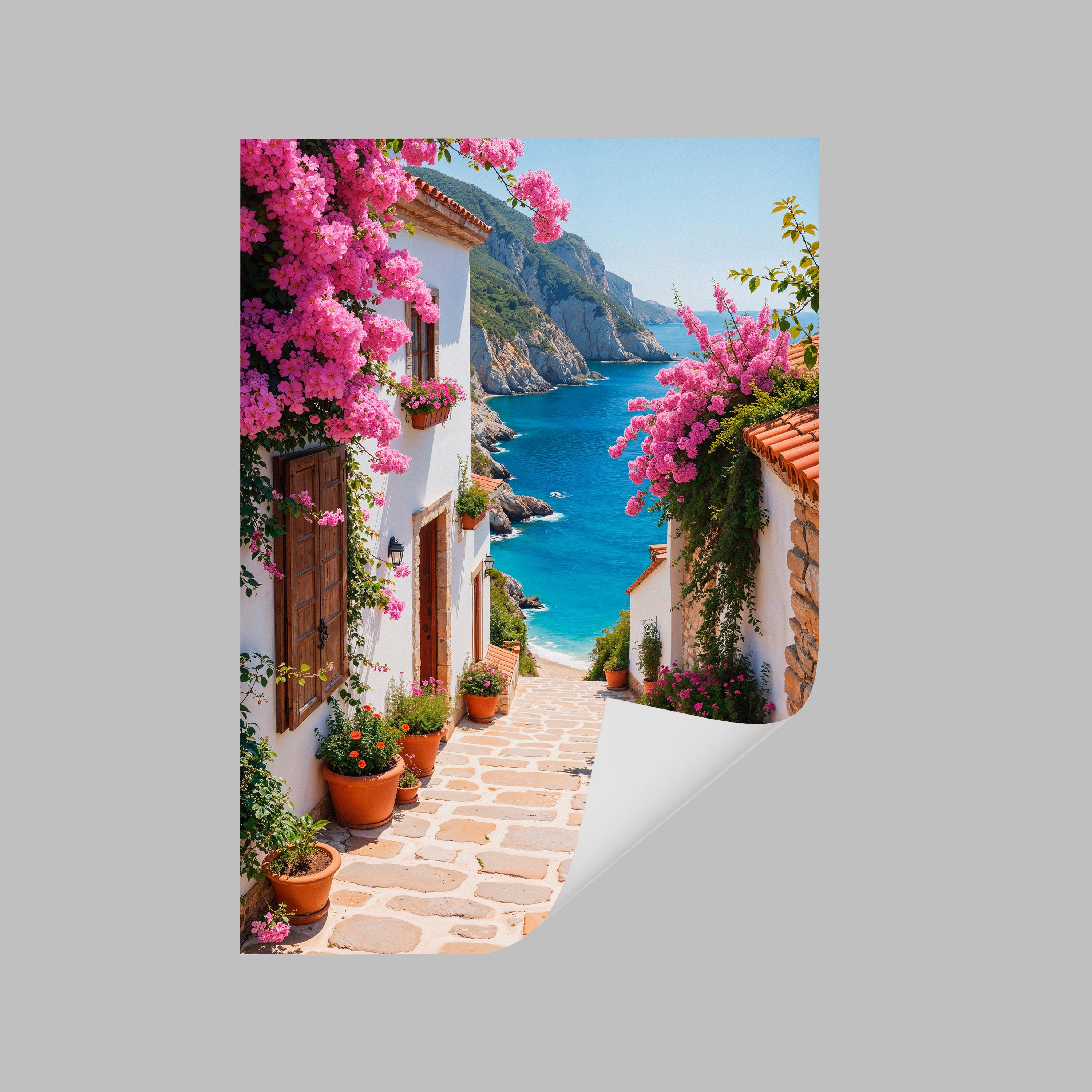 Mediterranean Coastal Village Canvas Wall Art, Greek Island Street View ...