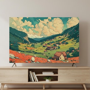 Op de afbeelding: Digitale kunstprint van een vallei met groene heuvels, huizen en een bewolkte lucht. Het kunstwerk wordt weergegeven op een grote televisie, rustend op een licht houten tv-meubel.