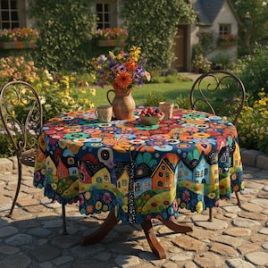Peut inclure: Une nappe ronde et colorée avec un motif de village et de fleurs. La table en bois est ornée d'un vase de fleurs, de deux tasses et d'un bol de fruits rouges. Deux chaises en métal complètent l'ensemble.