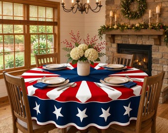 Patriotic Round Tablecloth Stars Stripes Picnic Table Cover Independence Celebration Party Labor Day Summer Bbq Outdoor Gathering Red White