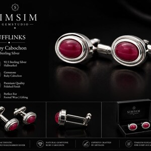 May include: Silver cufflinks with oval ruby cabochon gemstones. The cufflinks are 92.5 sterling silver and hallmarked. The image includes the text "SIMSIM GEMSTUDIO" and "CUFFLINKS". The cufflinks are presented in a black box, perfect for formal wear or gifting.
