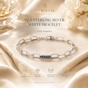 925 Sterling Silver Sapphire Bracelet for Women – Natural Blue Sapphire Paperclip Link Chain, Minimalist Elegant Design