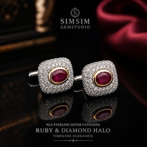 Natural Ruby & Cubic Zirconia Cufflinks in 925 Sterling Silver, Handmade Men's Wedding Cufflinks, Luxury Gemstone Gift for Groom