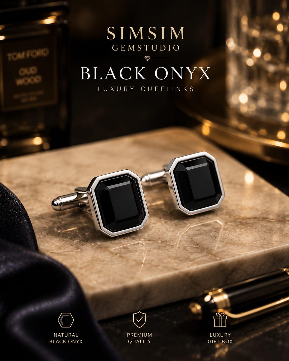 92.5 Sterling Silver Black Onyx Cufflinks - Bold Square Design