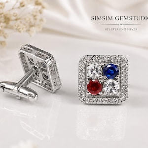 Gemelos de rubí y zafiro en plata de ley 925, gemelos cuadrados para hombre con piedras preciosas, gemelos de boda hechos a mano, regalo para él.