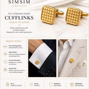 Puede incluir: Gemelos de plata de ley 92,5 chapados en oro. Los gemelos cuadrados presentan un diseño geométrico. La imagen incluye el texto "SIMSIM GEMSTUDIO" y "CUFFLINKS".