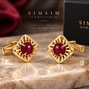 Natural Ruby Cufflinks, 925 Sterling Silver Gold Plated Men's Cufflinks, Luxury Wedding Gift for Him, Elegant