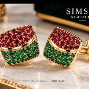 Natural Ruby & Emerald Cufflinks, 925 Sterling Silver Gold Plated Men's Cuff Links, Red Green Gemstone, Luxury Wedding Gift
