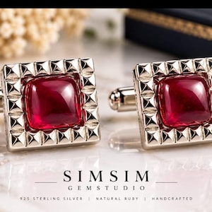 Natural Ruby Cufflinks, 925 Sterling Silver Men's Cuff Links, Red Ruby Gemstone, Luxury Wedding Gift for Him