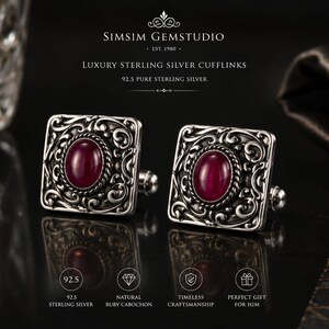 Gemelos de plata de ley 925 con cabujón de rubí natural / Gemelos cuadrados para hombre, ideales para bodas / Hechos a mano, piedra de nacimiento de julio, regalo perfecto para el novio