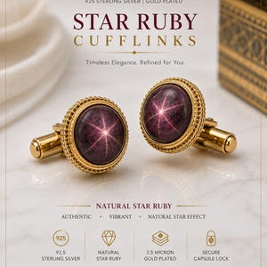 May include: A pair of gold-plated 925 sterling silver cufflinks featuring round, deep purple natural star rubies with a visible six-rayed star effect. The settings have a beaded edge and a secure capsule lock mechanism for fastening.