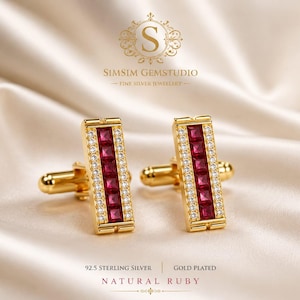 May include: A pair of gold-plated sterling silver cufflinks featuring a rectangular design with a central row of five square-cut natural rubies flanked by two rows of small clear stones. The text SIMSIM GEMSTUDIO 92.5 STERLING SILVER GOLD PLATED NATURAL RUBY is visible.