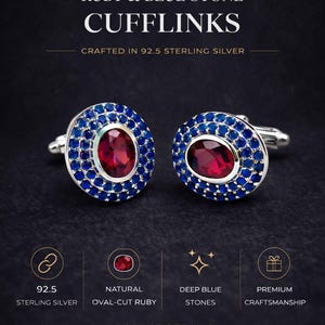 May include: Sterling silver cufflinks featuring oval-cut rubies and deep blue stones. Crafted in 92.5 sterling silver, the cufflinks have a height and width of approximately 1.8 cm. The image text reads: Ruby & Blue Stone Cufflinks.