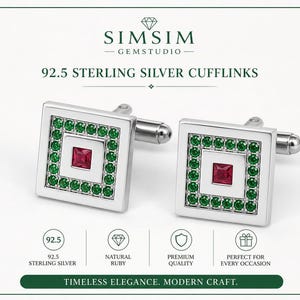 May include: Two sterling silver cufflinks with square faces. Each cufflink has a central red ruby, a white square, and green gemstones. The text reads "92.5 STERLING SILVER CUFFLINKS". The design is described as "TIMELESS ELEGANCE. MODERN CRAFT."