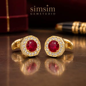 Natural Ruby Cufflinks, 925 Sterling Silver Gold Plated Men's Cufflinks, Luxury Wedding Gift for Him, Elegant