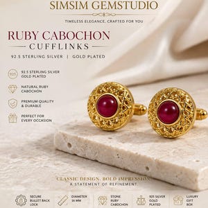Gemelos con cabujón de rubí natural – Plata de ley 925 chapada en oro, redondos de 16 mm, cierre de bala