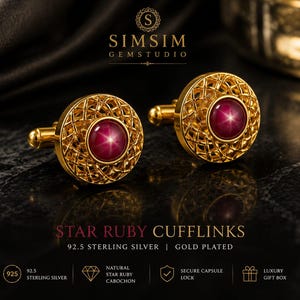 Gemelos con cabujón de rubí estrella natural – Plata de ley 925 chapada en oro, cierre seguro