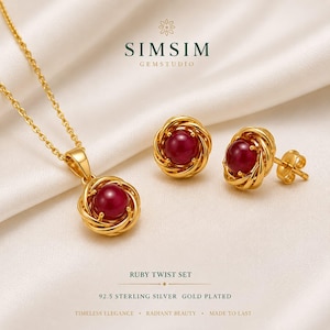 Ruby Twist Pendant & Earrings Set - Gold Plated 92.5 Sterling Silver
