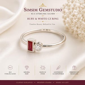 May include: A 92.5 sterling silver ring featuring a rectangular baguette-cut red ruby and a round brilliant-cut white cubic zirconia stone. The text Simsim Gemstudio 92.5 Sterling Silver Ruby & White CZ Ring is visible above the ring.