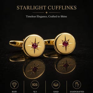 Gemelos Starlight para hombre - Plata de ley chapada en oro (con detalles dorados) con piedra central de rubí