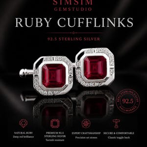 May include: A pair of ruby cufflinks with a square, deep red center stone, surrounded by smaller, clear stones, set in a 92.5 sterling silver frame. The image includes the text "RUBY CUFFLINKS" and "SIMSIM GEMSTUDIO".