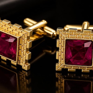 May include: A pair of gold cufflinks featuring a square, deep red gemstone. The gold setting has a textured, castle-like design. The cufflinks are presented on a black surface.