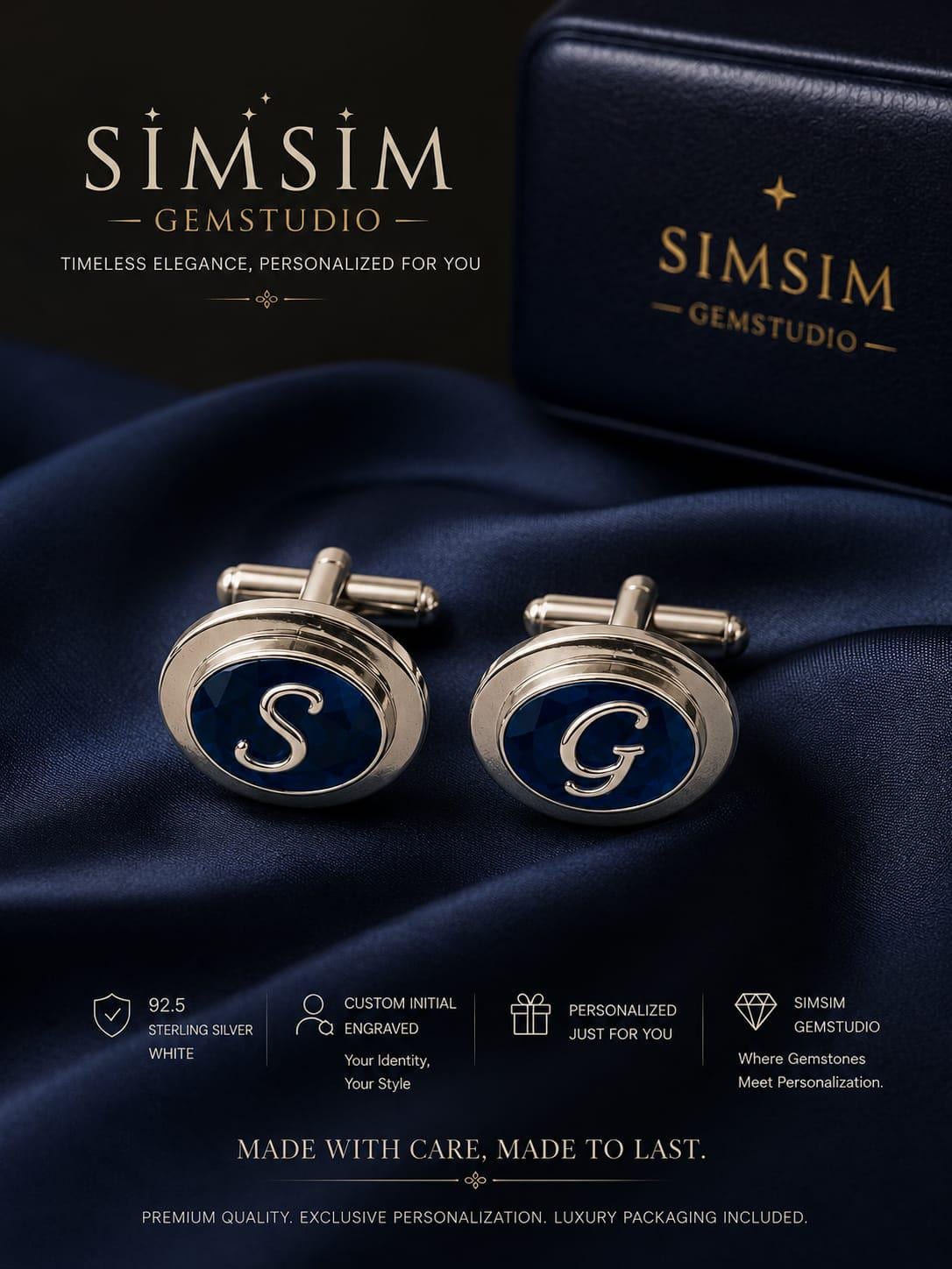 Personalized Blue Gemstone Cufflinks in 925 Sterling Silver Custom Initial Cufflinks Wedding Cufflinks Groom Gift for Him