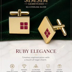 May include: A pair of gold-plated 92.5 sterling silver cufflinks featuring square and diamond-shaped faces, each inlaid with four small square-cut red rubies. The text SIMSIM GEMSTUDIO 92.5 STERLING SILVER and RUBY ELEGANCE is visible.