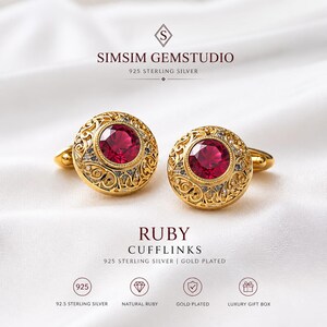Natural Ruby Cufflinks in 925 Sterling Silver, Gold Plated Round Wedding Cufflinks for Men, Luxury Groom Gift