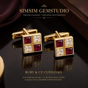 May include: A pair of square gold-plated cufflinks featuring a checkerboard pattern of two red ruby stones and two clear cubic zirconia stones. The text SIMSIM GEMSTUDIO and RUBY & CZ CUFFLINKS, 92.5 STERLING SILVER, 2.5 MICRON GOLD PLATED is visible.