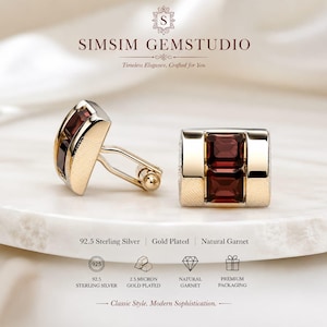 Gemelli da uomo in argento sterling 925 placcato oro con granato naturale (coppia) – Classico regalo rettangolare per lui