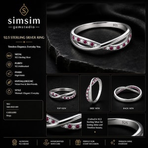 May include: A 92.5 sterling silver ring with an intertwined design. The ring features a row of small, red gemstones and white gemstones. The ring is labeled as hypoallergenic and nickel-free. The text on the ring reads "925".